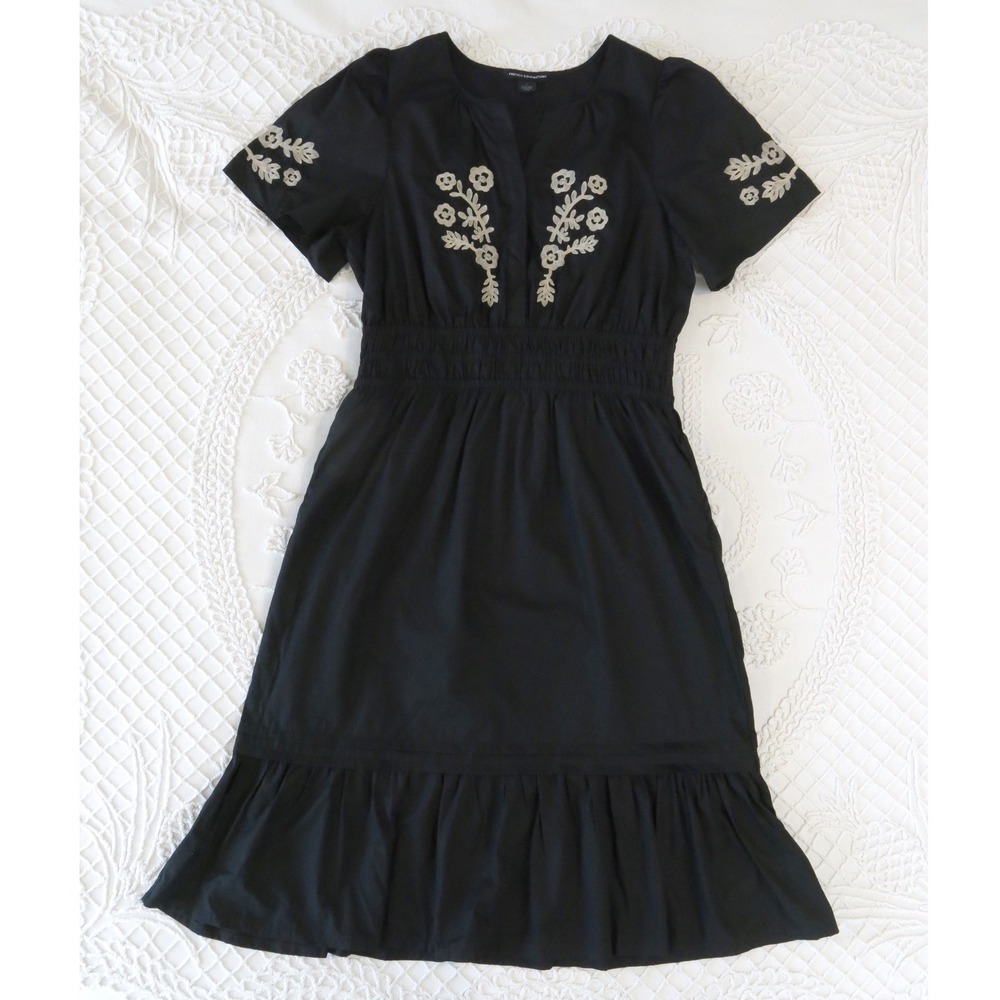 French Connection Black Embroidered Floral Cotton Smocked Waist Midi Dress Large